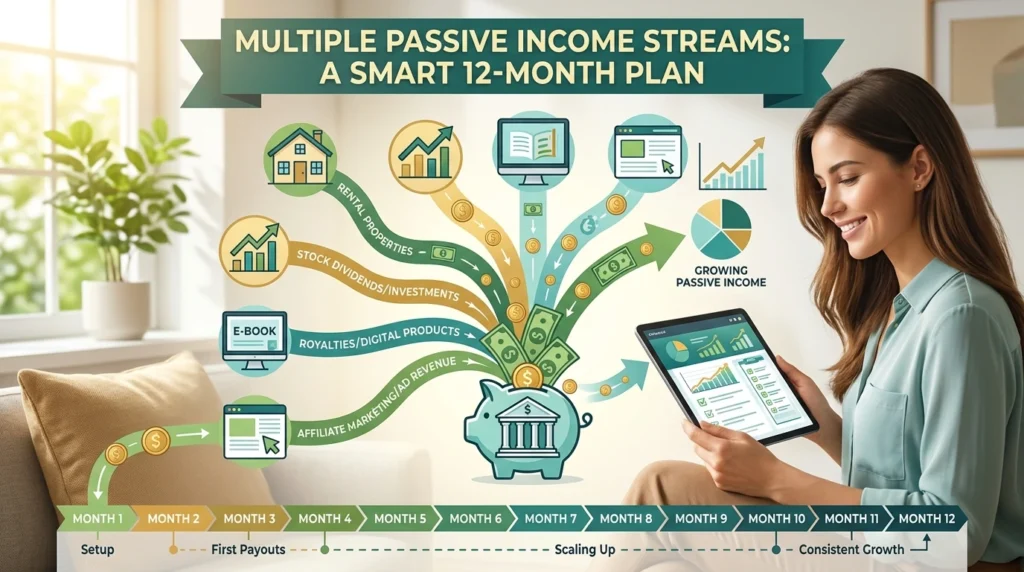 An infographic illustration shows a woman smiling while looking at a tablet that displays a financial dashboard. The image is titled "Multiple Passive Income Streams: A Smart 12-Month Plan." Icons and text below the banner list examples of passive income sources, including Rental Properties, Stock Dividends/Investments, Royalties/Digital Products (such as an E-book), and Affiliate Marketing/Ad Revenue. Flowing arrows connect these streams to a central piggy bank. A 12-month timeline across the bottom tracks a strategy of setup, first payouts, scaling up, and consistent growth.