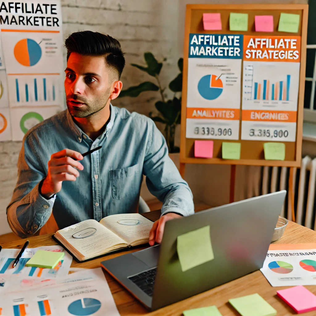 affiliate marketer planning strategies with a laptop and notes