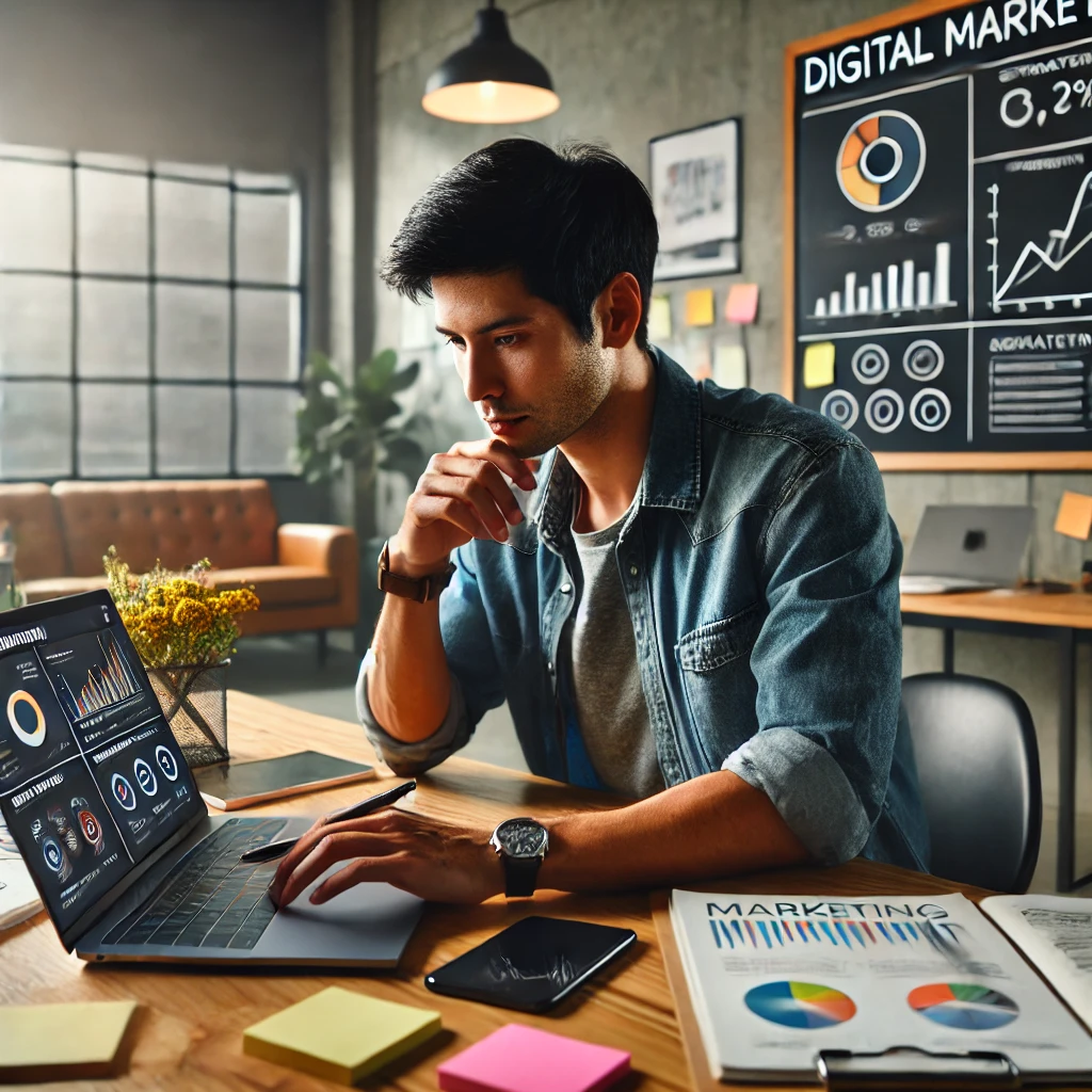 digital marketing professional planning strategies on a laptop