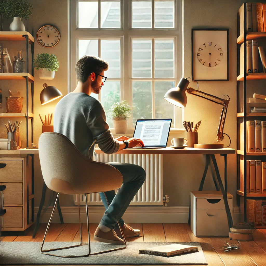 freelance writer working from a cozy home office setup