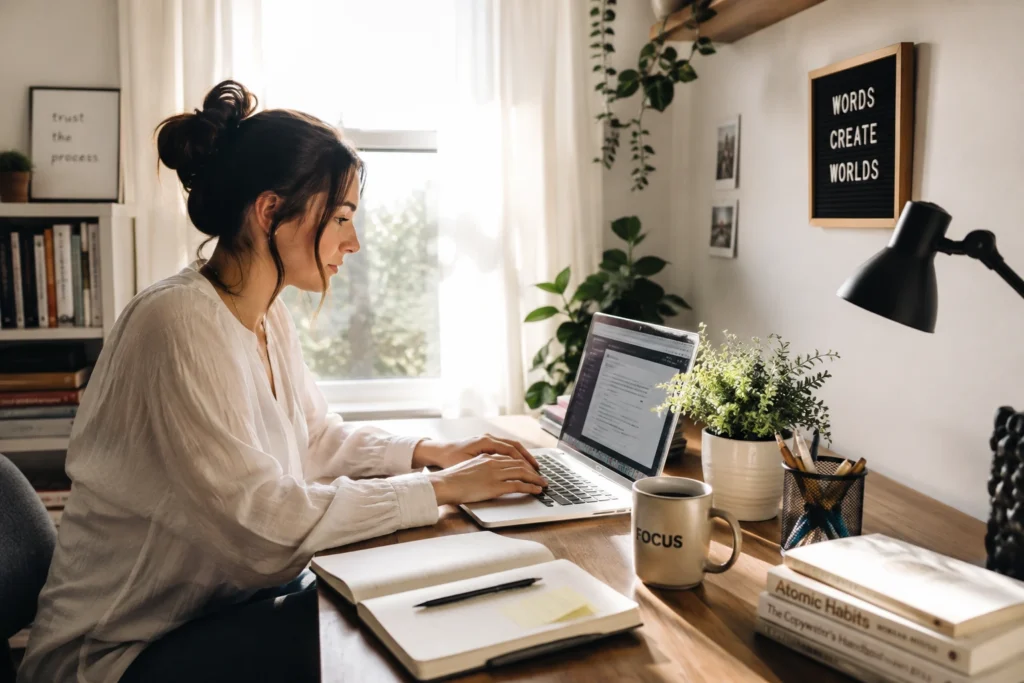 A freelance writer working from a cozy home office on a laptop, representing flexible freelance writing jobs for beginners in 2026.