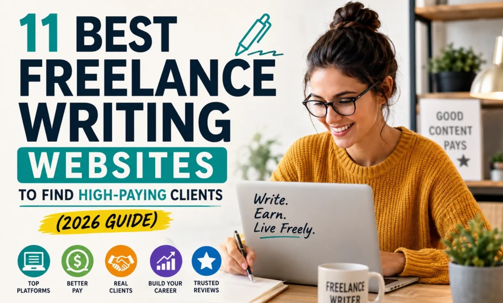 Laptop and coffee cup on a wooden desk representing the best freelance writing websites for beginners.