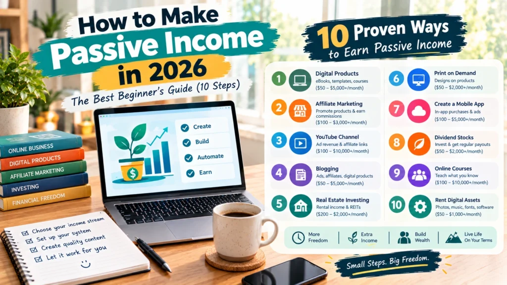 How to Make Passive Income in 2026: beginner’s guide showing 10 passive income methods, including digital products, affiliate marketing, YouTube, blogging, real estate, print-on-demand, apps, investing, and online courses.