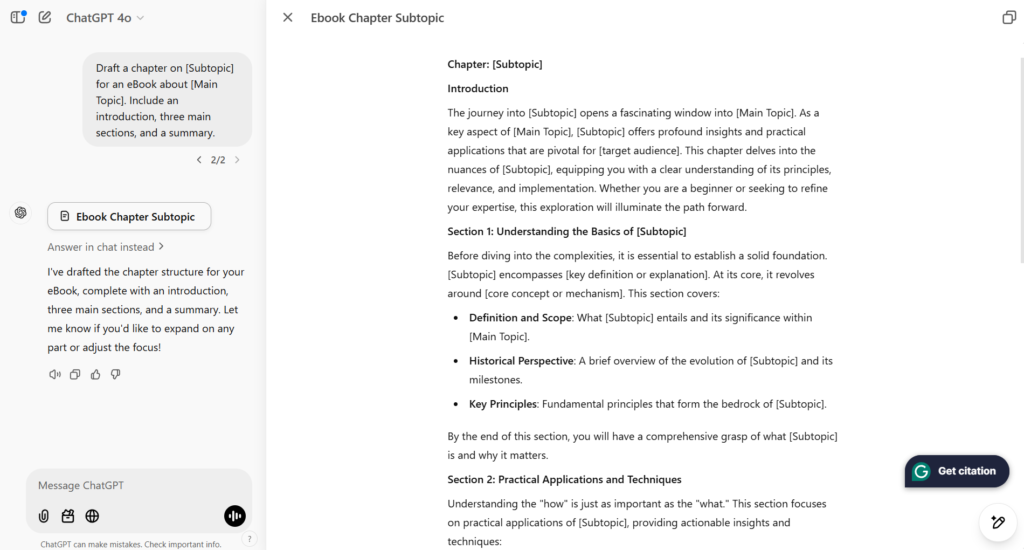 Illustration of ChatGPT drafting an eBook chapter, highlighting its use in a ChatGPT side hustle to make money with ChatGPT by creating digital products.