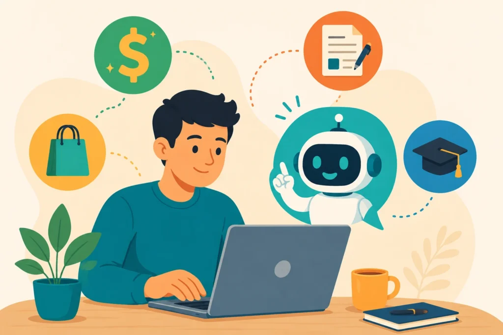 Illustration of a person using ChatGPT on a laptop surrounded by icons representing different ways to make money with ChatGPT in 2026