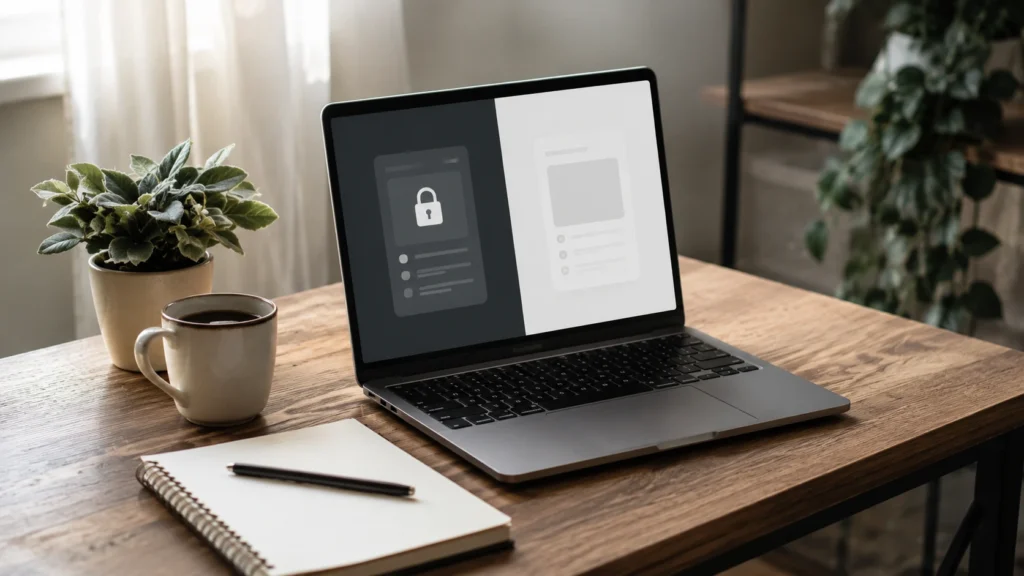 Laptop showing a free vs paid AI tools comparison on a home office desk