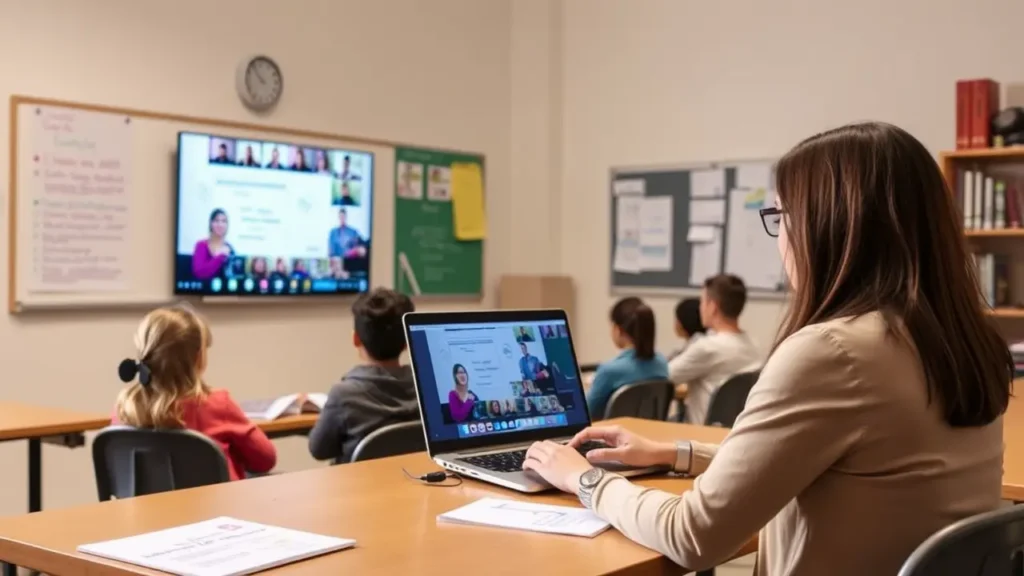 A teacher conducting an online lesson via Zoom engaging with students through interactive whiteboards and chat features