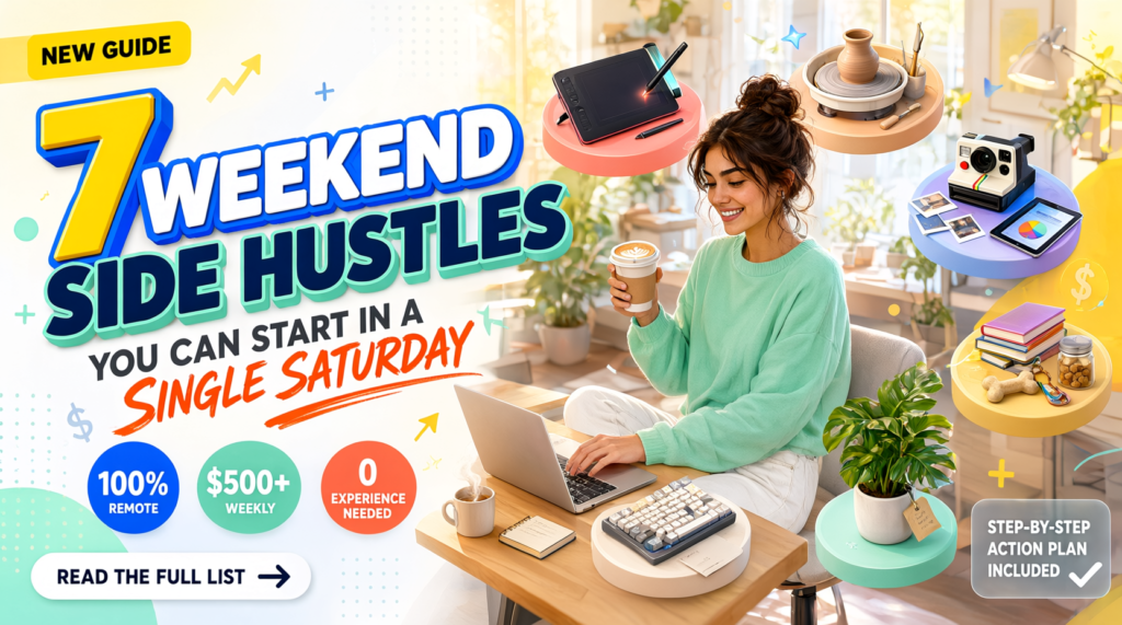 A vibrant and colorful illustration of a smiling woman working on a laptop at a bright desk with a coffee, surrounded by floating icons representing different weekend side hustles such as digital art, photography, and pet care.