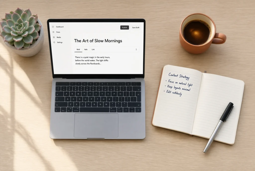 A simple workspace with a laptop, coffee, and notebook representing honest content creation for affiliate marketing.