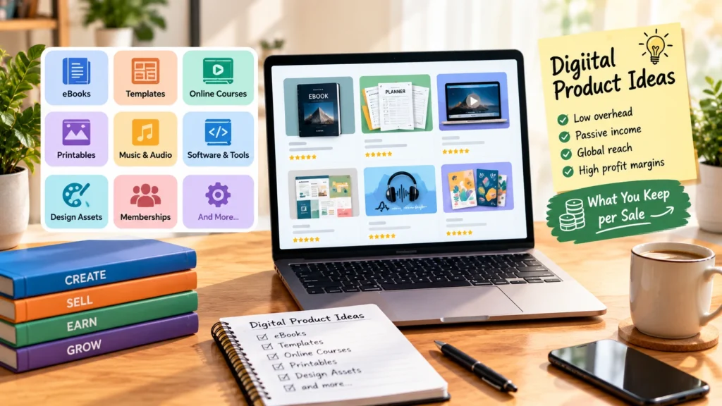 Digital Product Ideas displayed on a laptop, with eBooks, templates, online courses, printables, design assets, memberships, and other digital products.