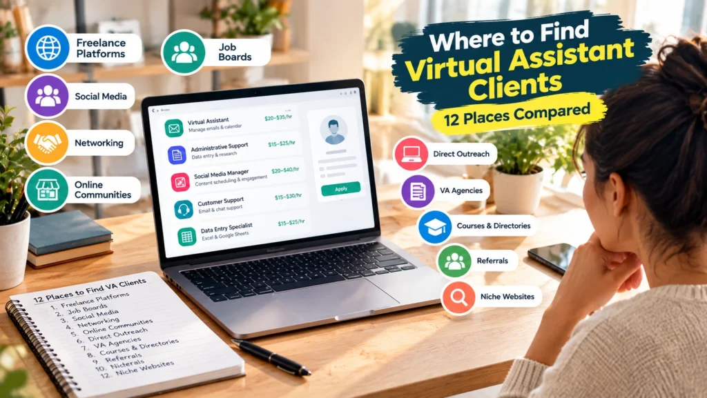 Where to Find Virtual Assistant Clients: laptop showing VA job opportunities with 12 client sources, including freelance platforms, job boards, networking, referrals, outreach, and online communities.