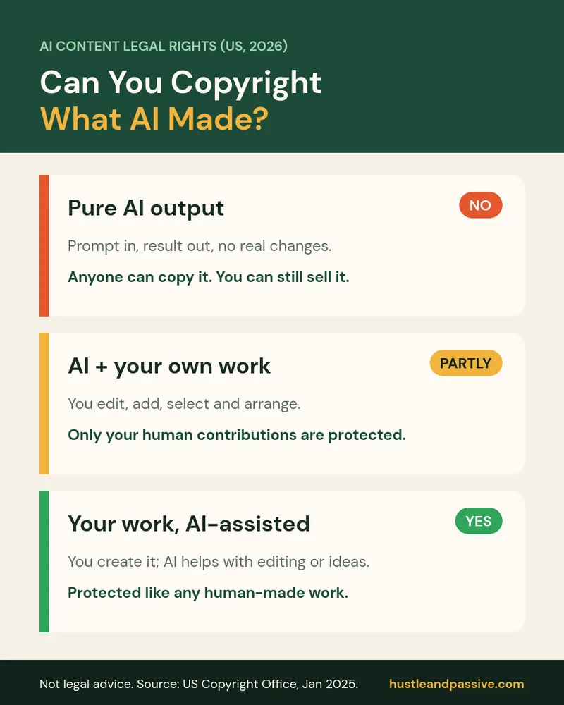 AI content legal rights chart: pure AI output, AI plus your own work, and AI-assisted human work