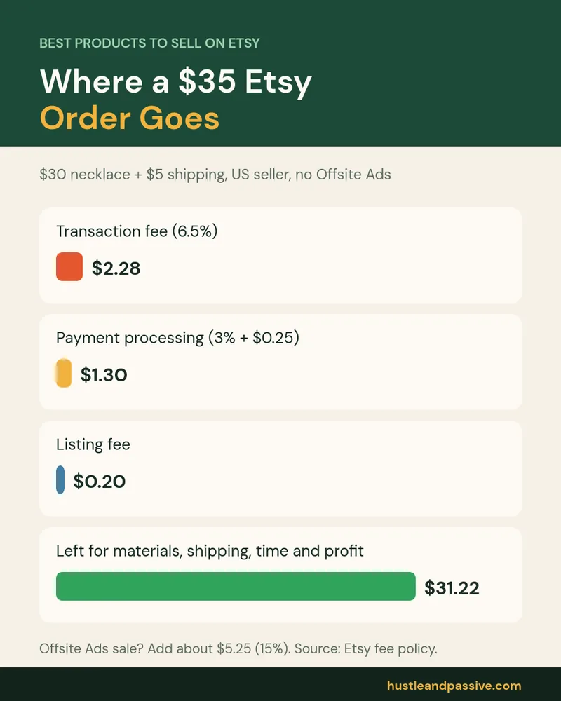Best products to sell on Etsy: fee breakdown of a $35 Etsy order