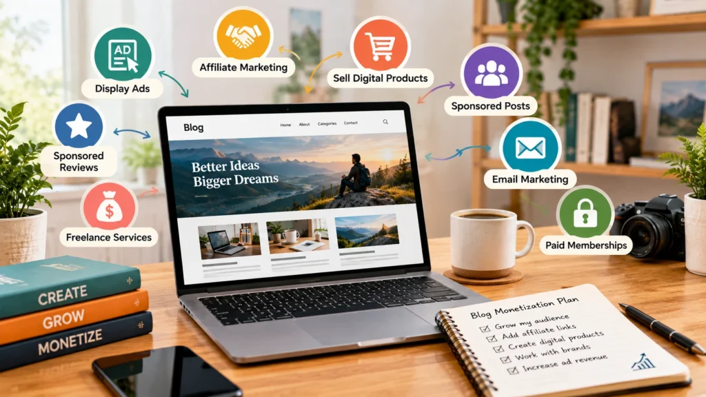 Laptop displaying a blog surrounded by icons for blog monetization strategies, including affiliate marketing, display ads, digital products, sponsored posts, email marketing, memberships, and freelance services.