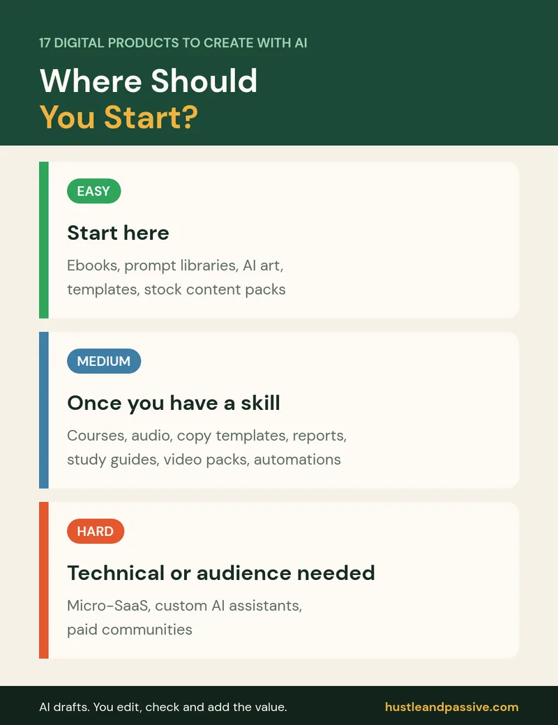 Digital products to create with AI grouped by difficulty: easy, medium and hard