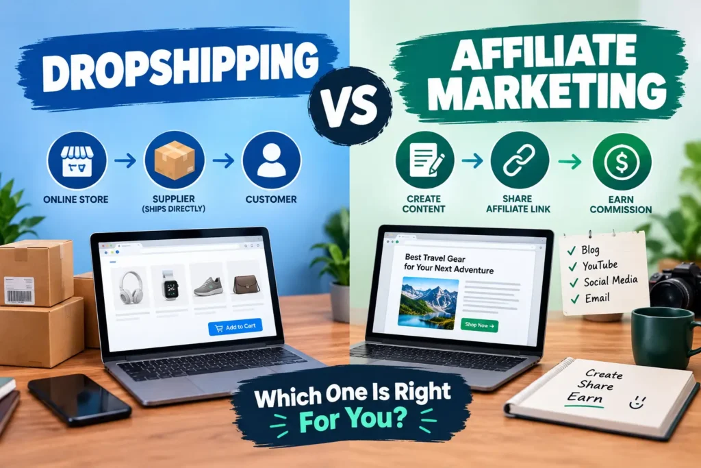 **Alt text:** Split-screen infographic comparing dropshipping and affiliate marketing, showing an online store and supplier-to-customer process on the left and content, affiliate links, and commissions on the right.
