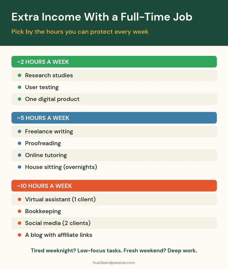 How to make extra income while working full-time: side hustle ideas sorted by 2, 5 and 10 hours a week