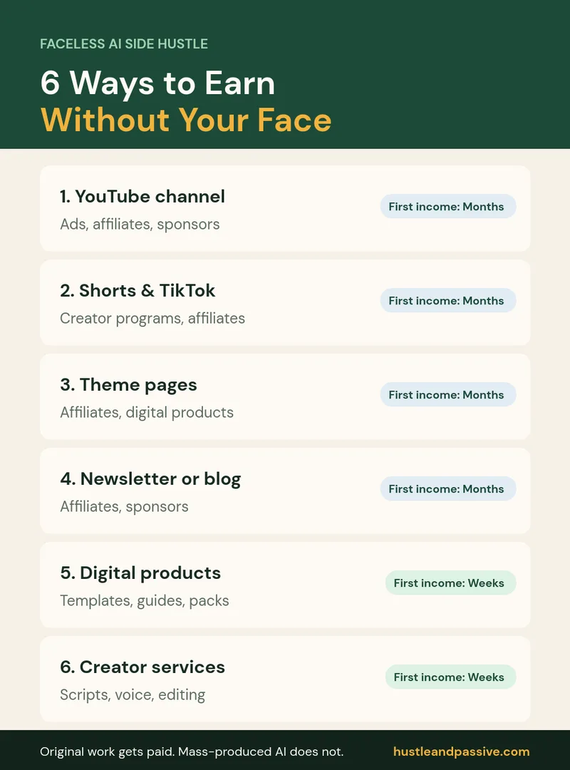 Faceless AI side hustle: 6 business models and how long each takes to earn