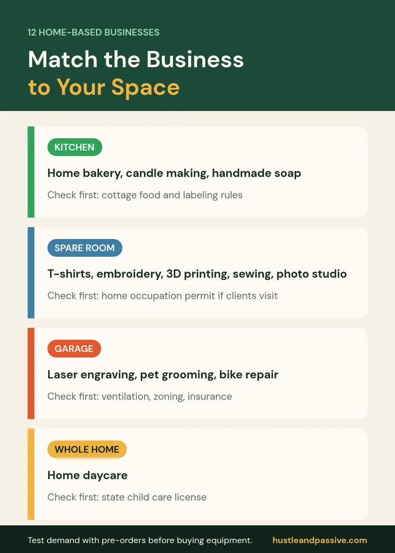 Home-based businesses matched to your space: kitchen, spare room, garage and whole home
