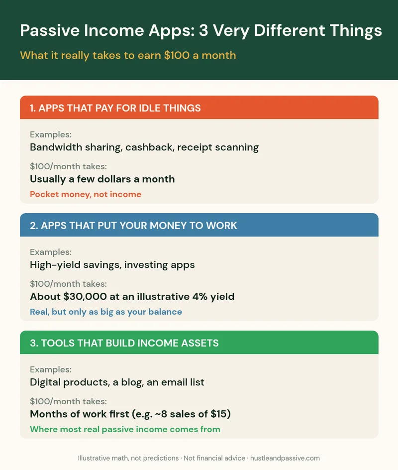 Passive income apps in three groups: apps that pay for idle things, apps that put your money to work, and tools that build income assets, with what $100 a month takes for each