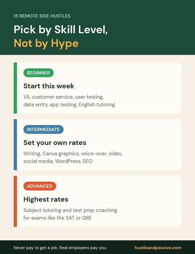 Remote side hustles grouped by skill level: beginner, intermediate and advanced