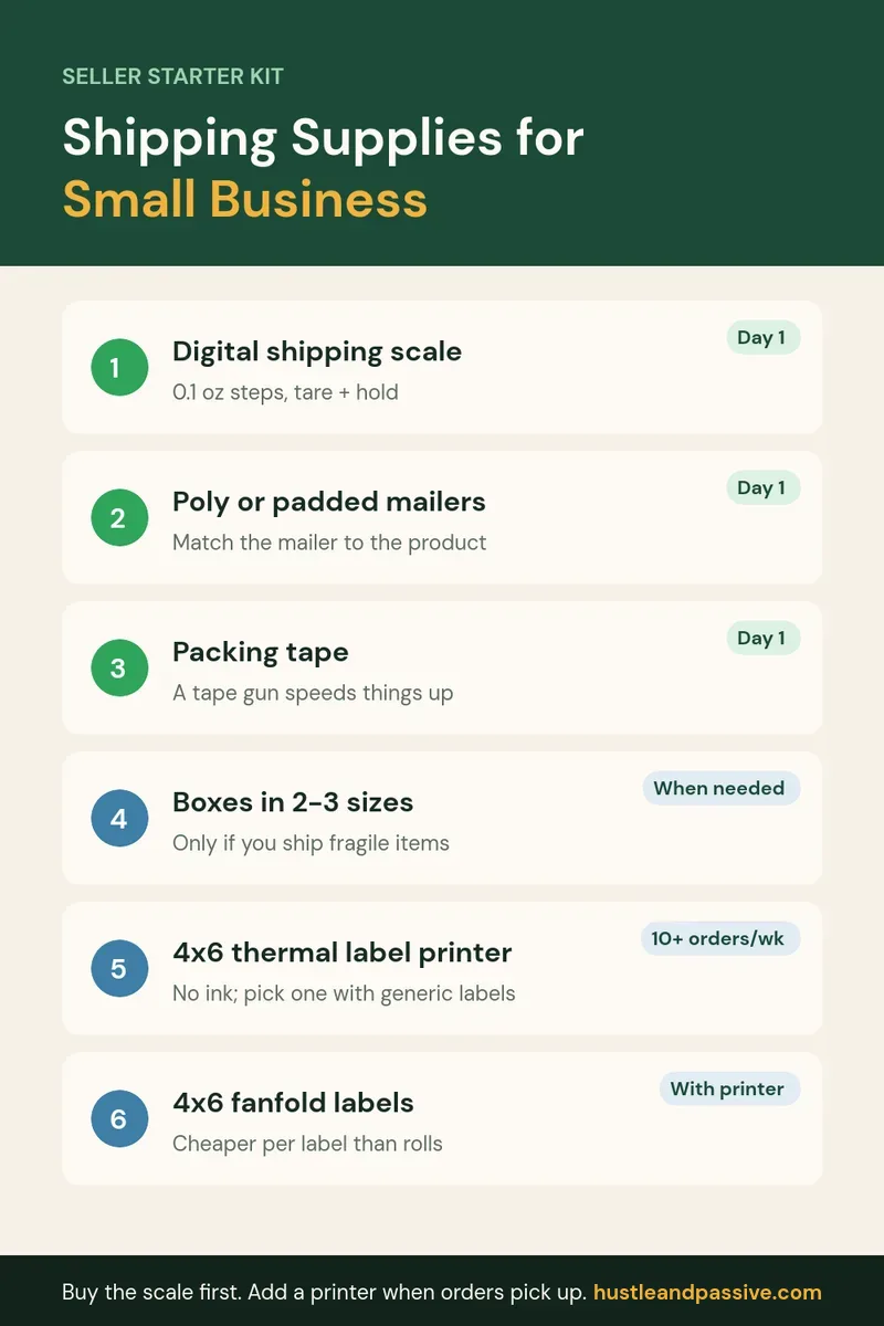 Shipping supplies for small business checklist: scale, mailers, tape, boxes, label printer and labels