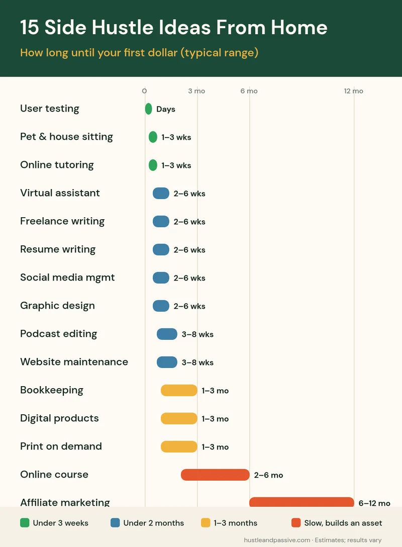 Side hustle ideas from home ranked by time to first dollar, from user testing (days) to affiliate marketing (6 to 12 months)