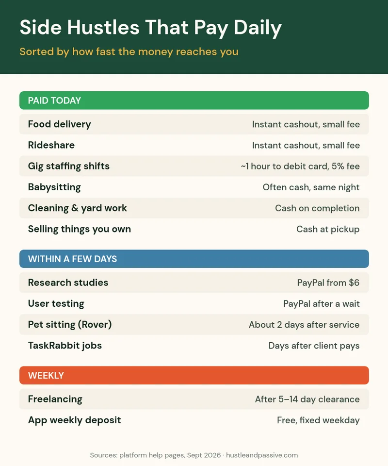 Side hustles that pay daily sorted by payout speed: paid today, within a few days, and weekly