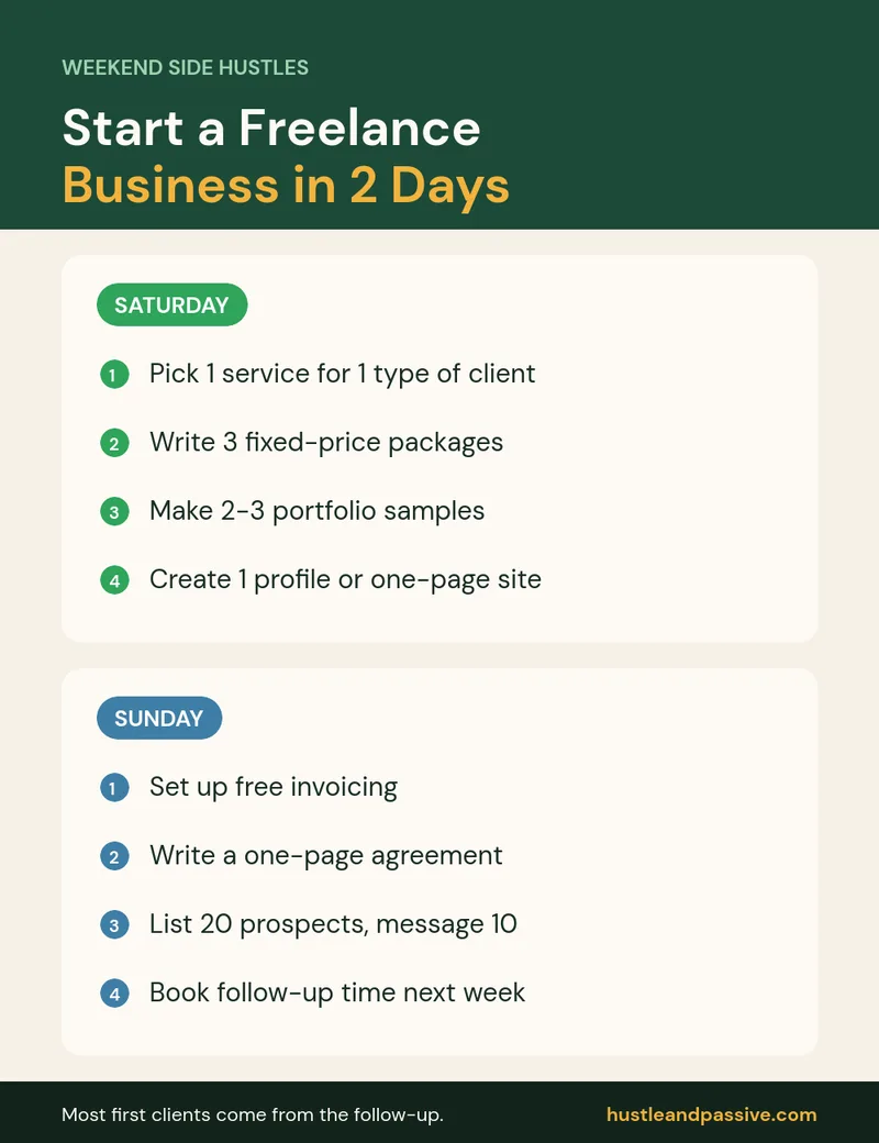 Weekend side hustles: how to start a freelance business in a weekend, Saturday and Sunday checklist