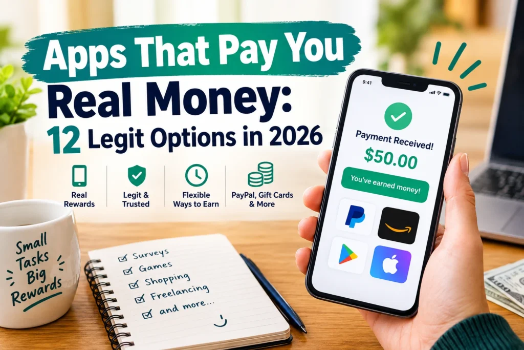 Apps That Pay You Real Money in 2026: a smartphone displaying a $50 payment received notification, with PayPal and gift card icons, alongside a notebook listing surveys, games, shopping, and other ways to earn money.