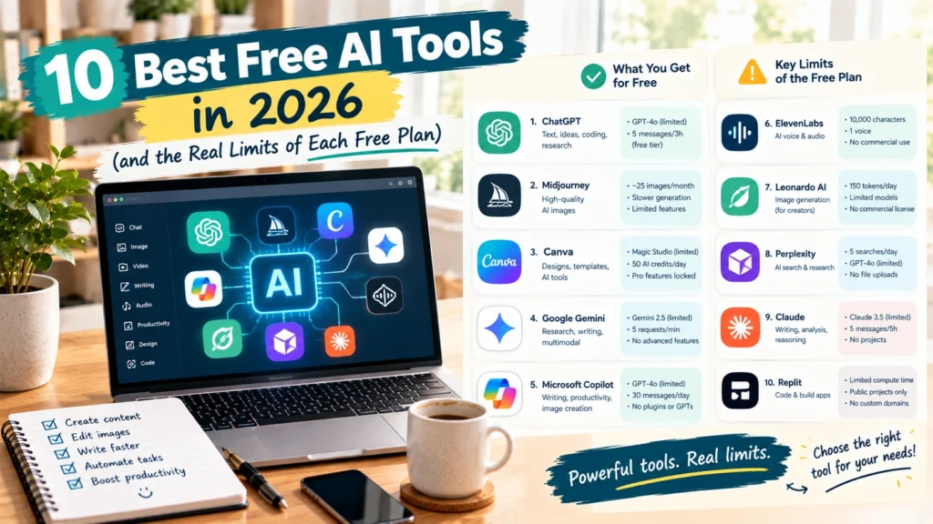 Best Free AI Tools in 2026 shown on a laptop, highlighting popular AI tools and their free-plan features and limitations.