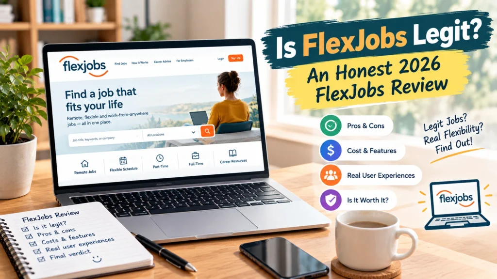 Is FlexJobs Legit? A laptop displaying FlexJobs remote job listings alongside a review checklist covering costs, features, pros and cons, and user experiences.