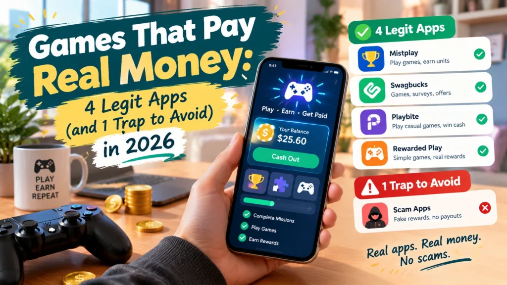 Games That Pay Real Money in 2026, showing four legitimate gaming apps, a smartphone with a cash-out balance, gaming rewards, and a warning about scam apps to avoid.