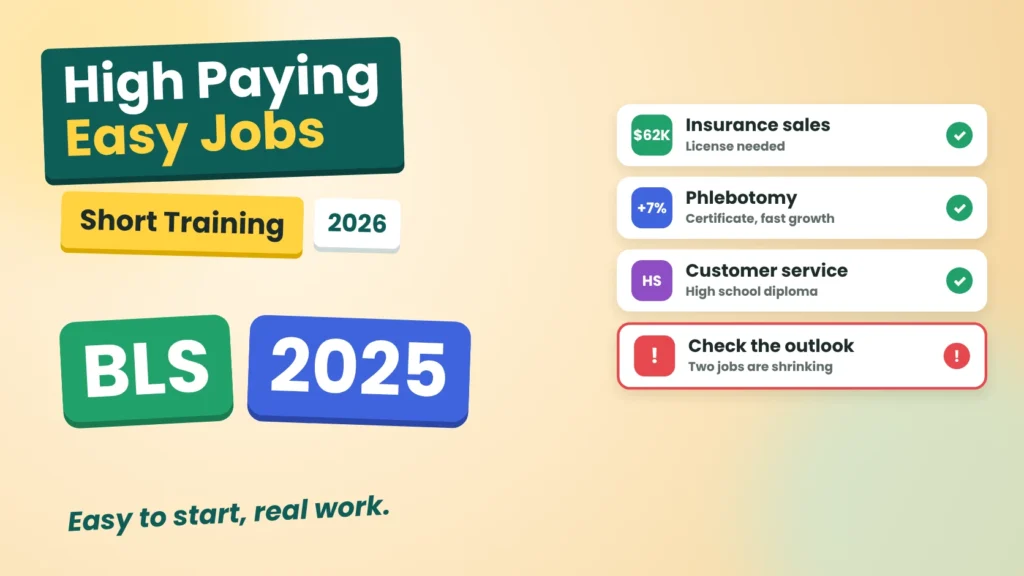 High paying easy jobs: insurance sales, phlebotomy and customer service, with BLS 2025 pay and job outlook.