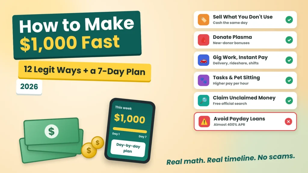 How to make $1,000 fast: 12 legit ways and a 7-day plan, including selling items, plasma donation, gig work, pet sitting and unclaimed money