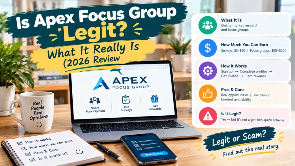 Is Apex Focus Group Legit? A 2026 review showing a laptop and smartphone with focus groups, surveys, rewards, earning potential, pros and cons, and a legitimacy check.