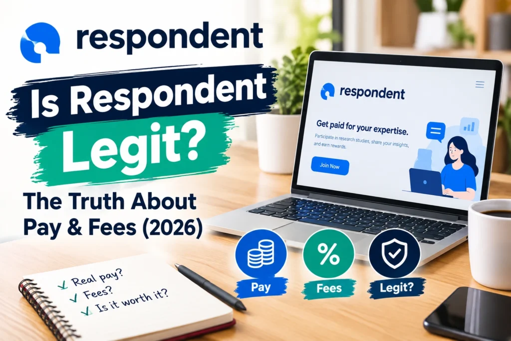 Is Respondent legit? Cover image showing the Respondent platform on a laptop with a bold headline about pay, fees, and legitimacy in 2026.