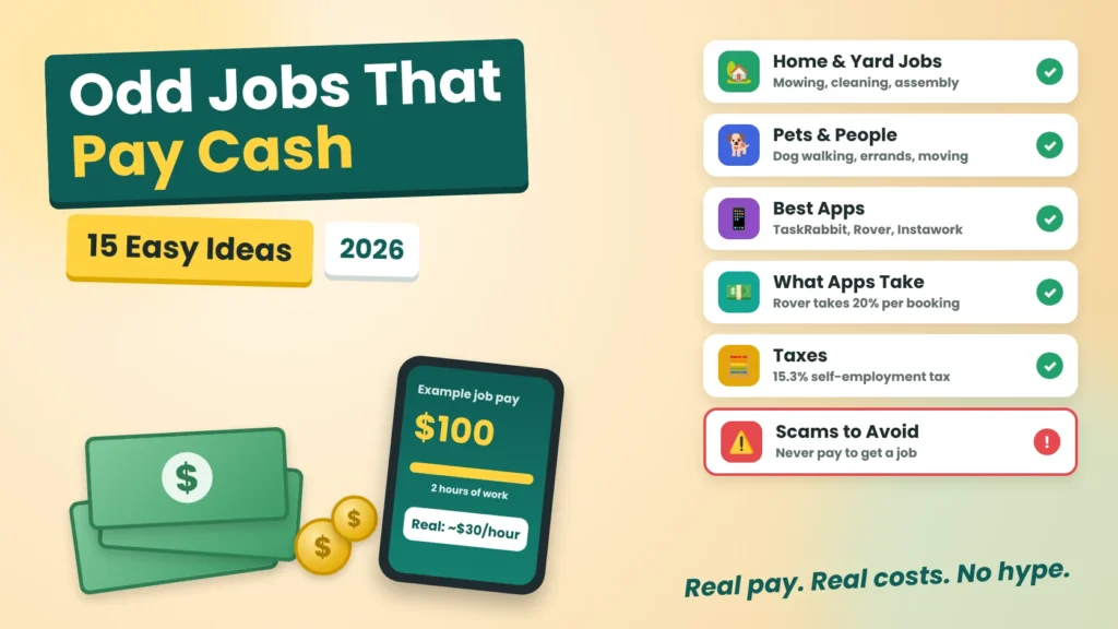 Odd jobs that pay cash in 2026: cover showing 15 easy ideas, best apps, what apps take, taxes and scams to avoid