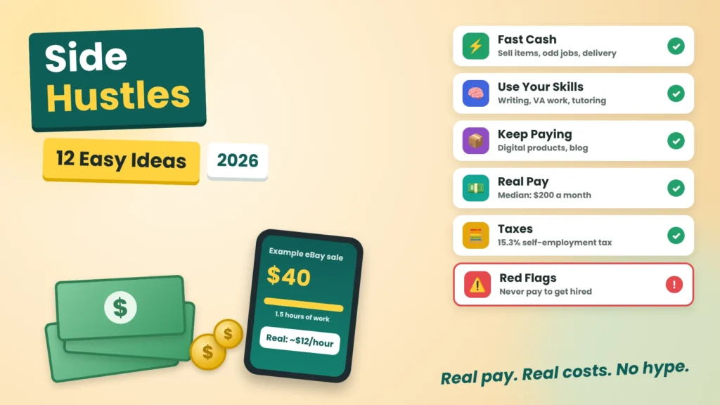 Side hustles in 2026: cover showing 12 easy ideas, real pay from an eBay example, median earnings, taxes and red flags to avoid