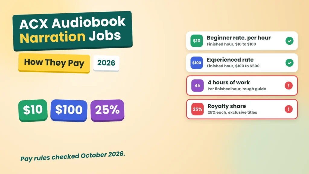 Cover for the ACX audiobook narration jobs guide showing narrator pay rates per finished hour and royalty share
