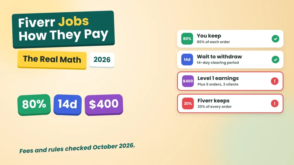 Cover for the Fiverr jobs guide showing the 80% seller share, 14-day clearing period and Level 1 earnings requirement