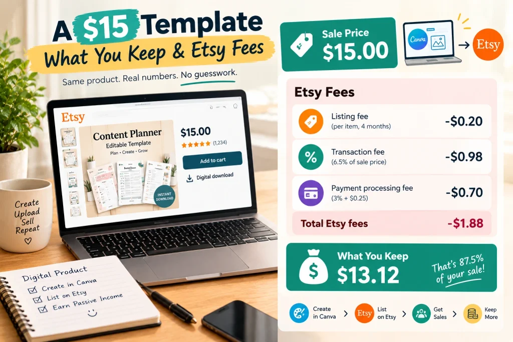 How to sell Canva templates on Etsy: what you keep from a $15 template after fees