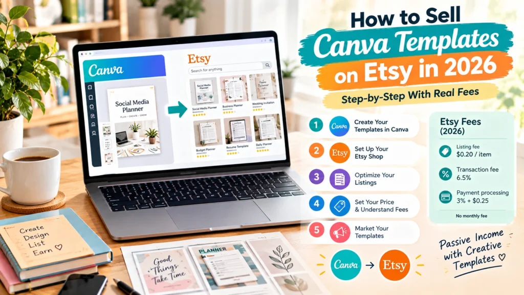 How to sell Canva templates on Etsy in 2026, showing a laptop with Canva designs, an Etsy shop, step-by-step selling process, and Etsy fees.