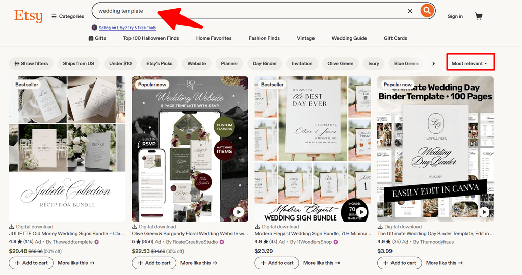 Etsy broad idea like "wedding template"