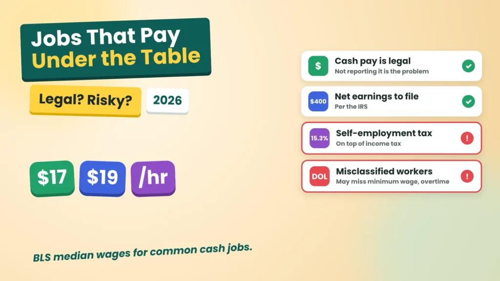 Cover for a guide to jobs that pay under the table, showing IRS and BLS facts on cash income, taxes and risks