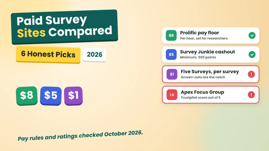 Cover for a guide comparing paid survey sites, showing Prolific, Survey Junkie, Five Surveys and Apex Focus Group pay and rating facts